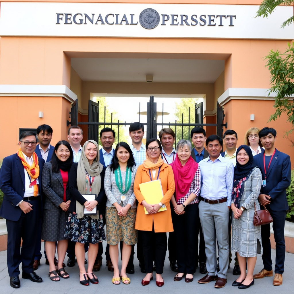 Group photo of education experts in front of university gate