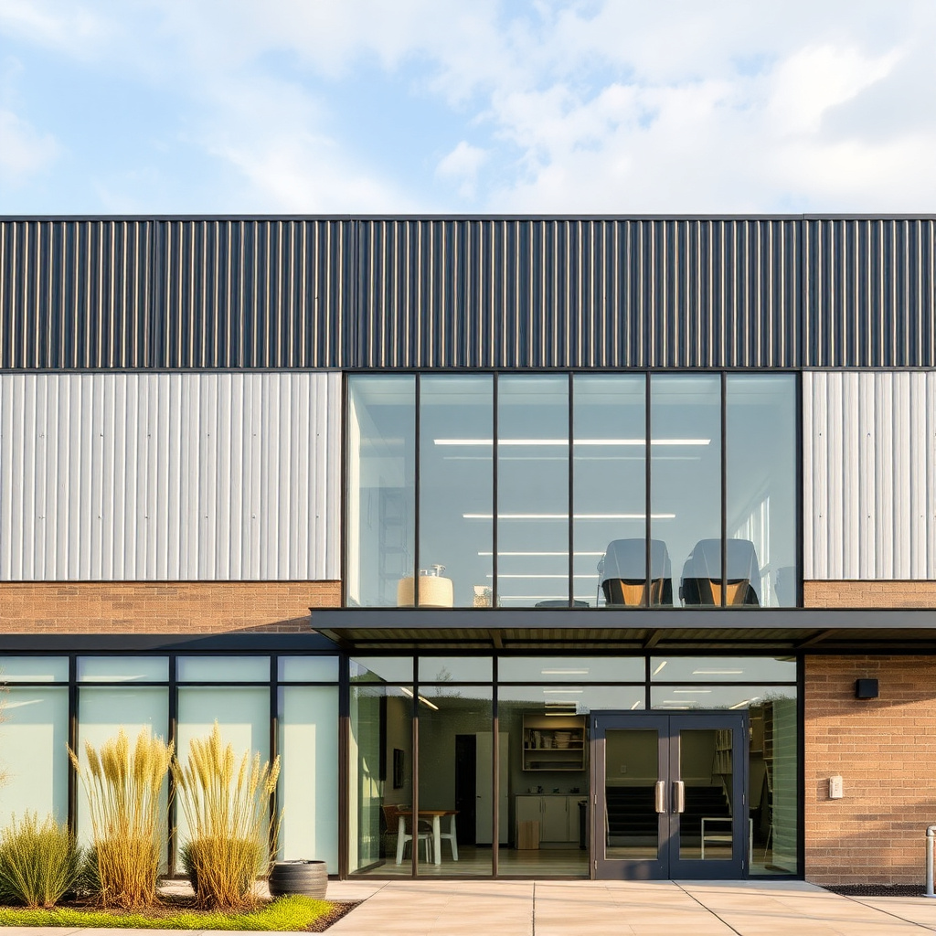 Modern industrial factory exterior with glass facade