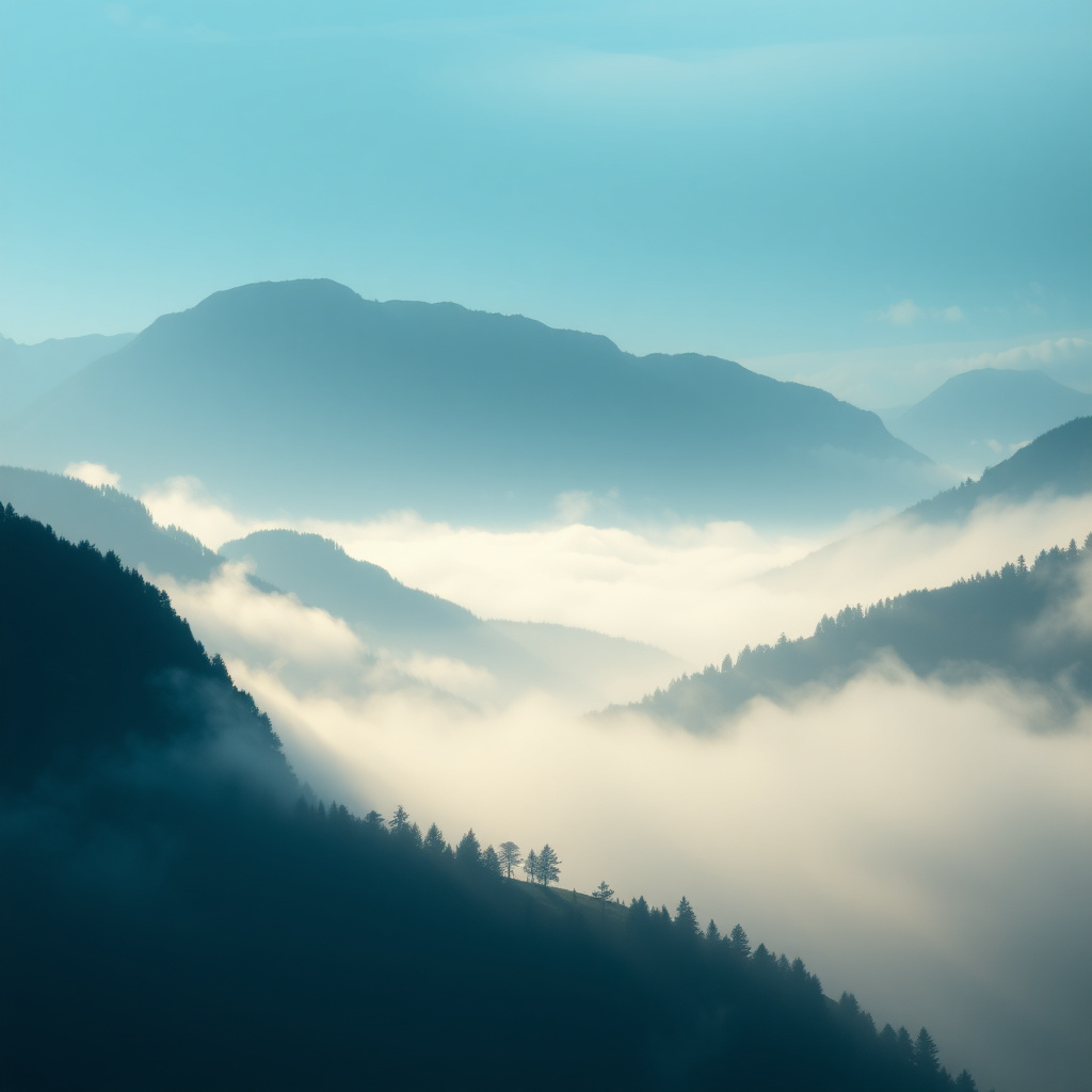 Cinematic landscape of mist-covered mountains
