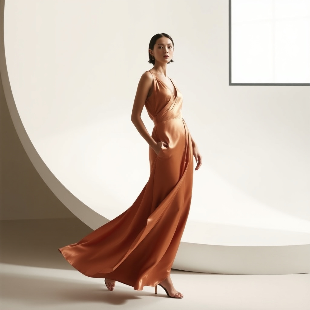 Fashion editorial model wearing elegant silk dress in minimalist setting