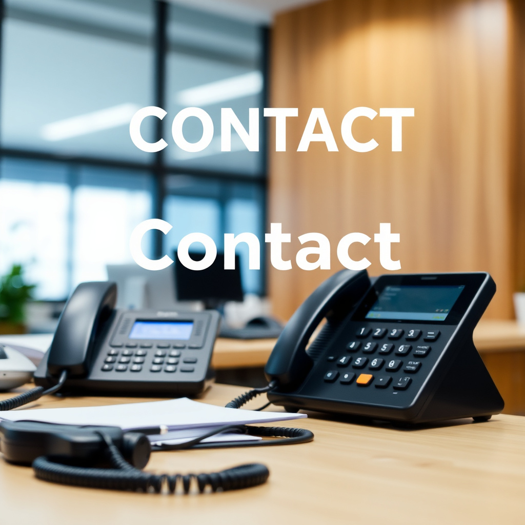 Contact banner showing telephone and office desk