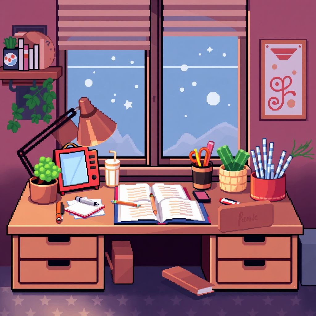 Cozy stationery desk pixel art