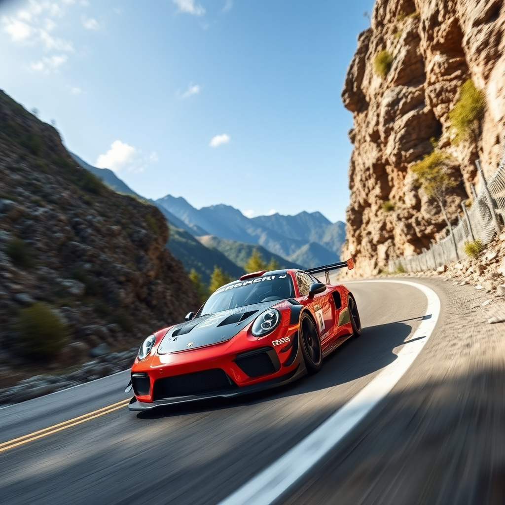 Racing car climbing a winding mountain road