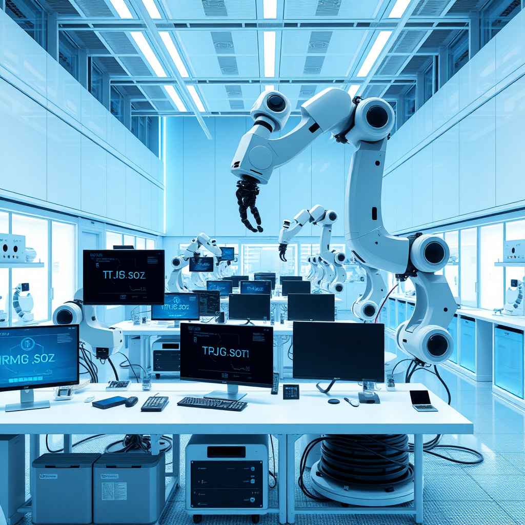 Modern high-tech R&D center with AI workstations and collaborative robotic arms, featuring a clean blue and white aesthetic