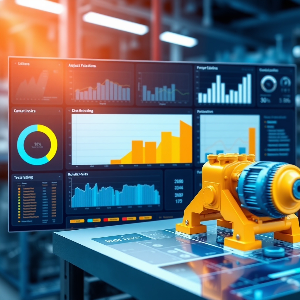 Digital dashboard interface displaying complex industrial data analytics and 3D machine models