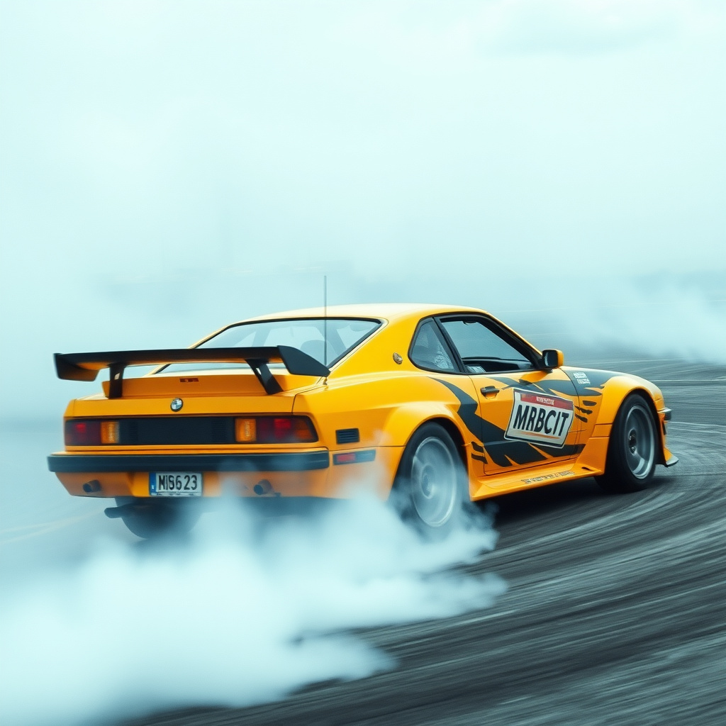 Drift car sliding sideways with smoke