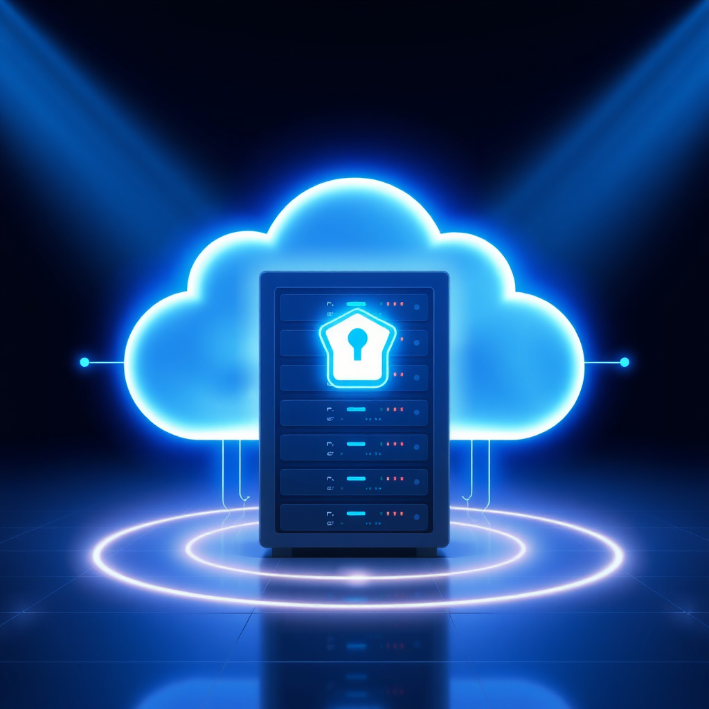 Clean and modern cloud server infrastructure illustration with blue light effects representing data security