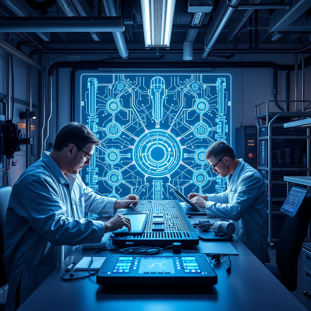 Advanced technology laboratory with engineers working on AI systems