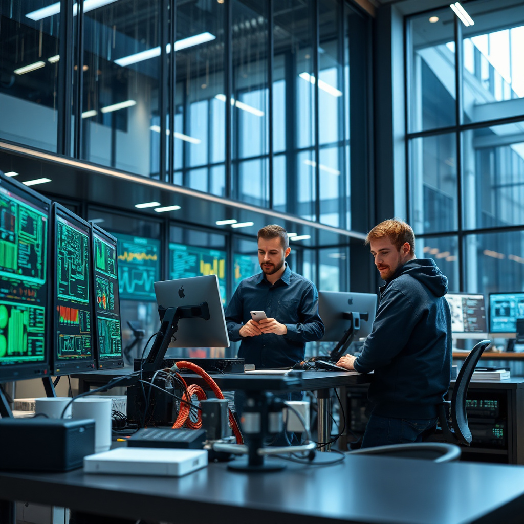 Modern technology innovation center with engineers working on advanced software development