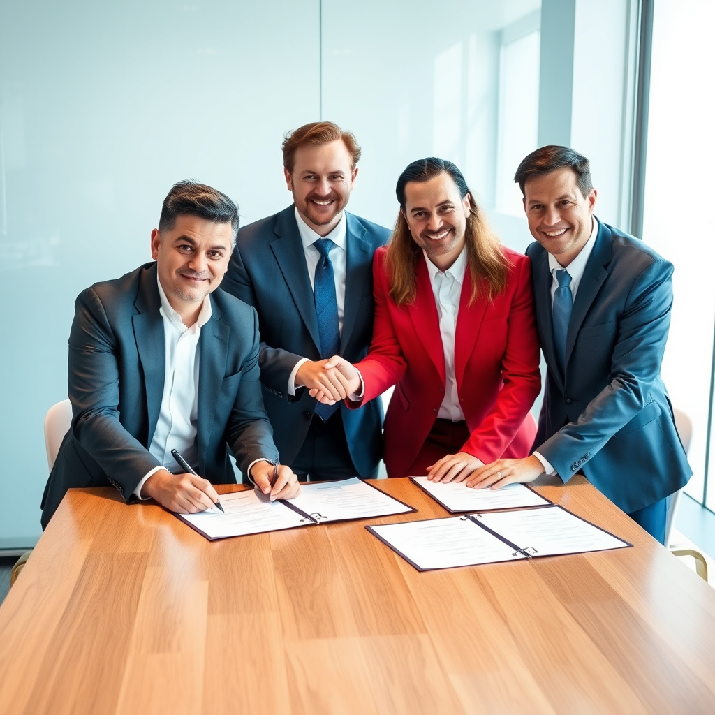 Corporate meeting between technology partners signing a strategic agreement