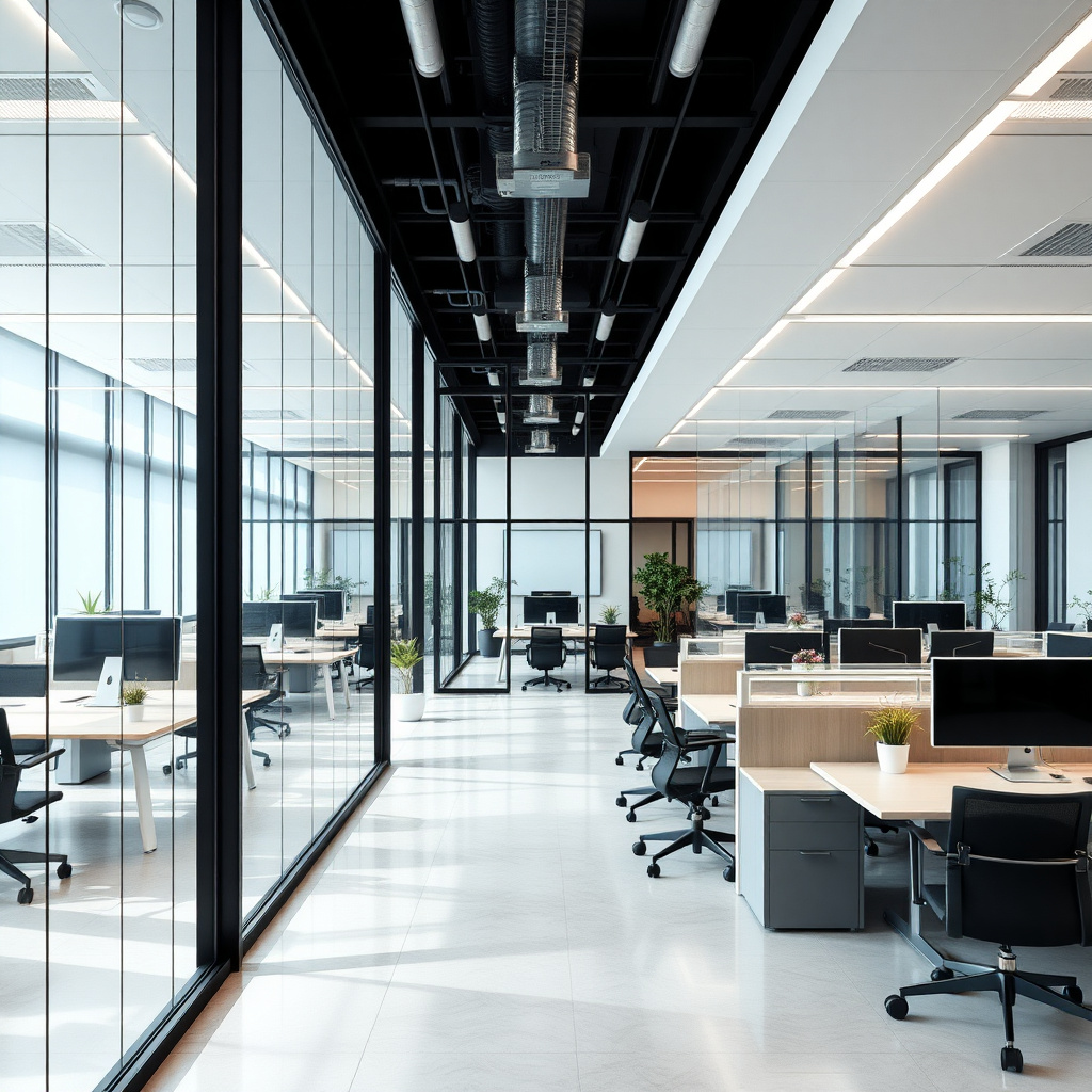 Modern corporate office environment with glass walls and collaborative workspaces