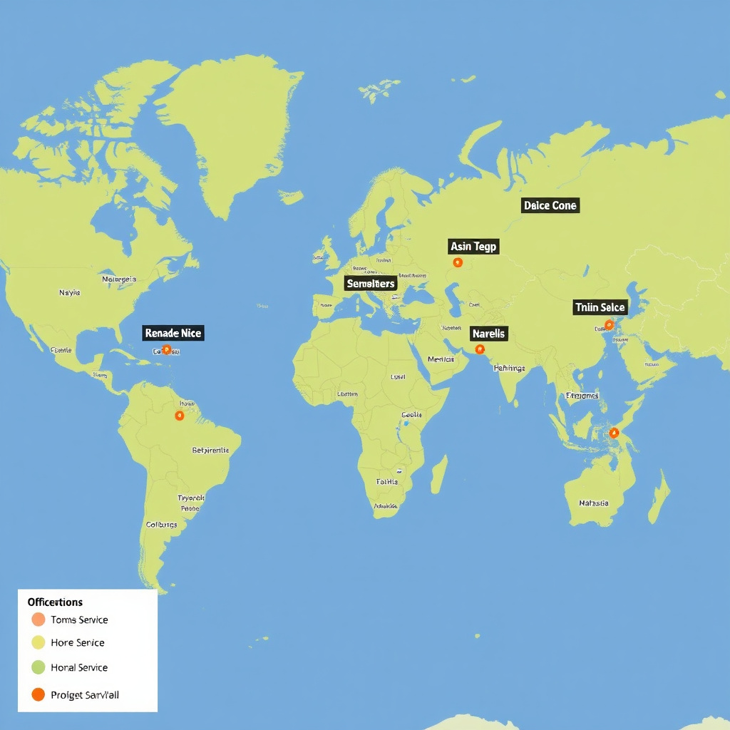 World map showing international office locations and digital service coverage