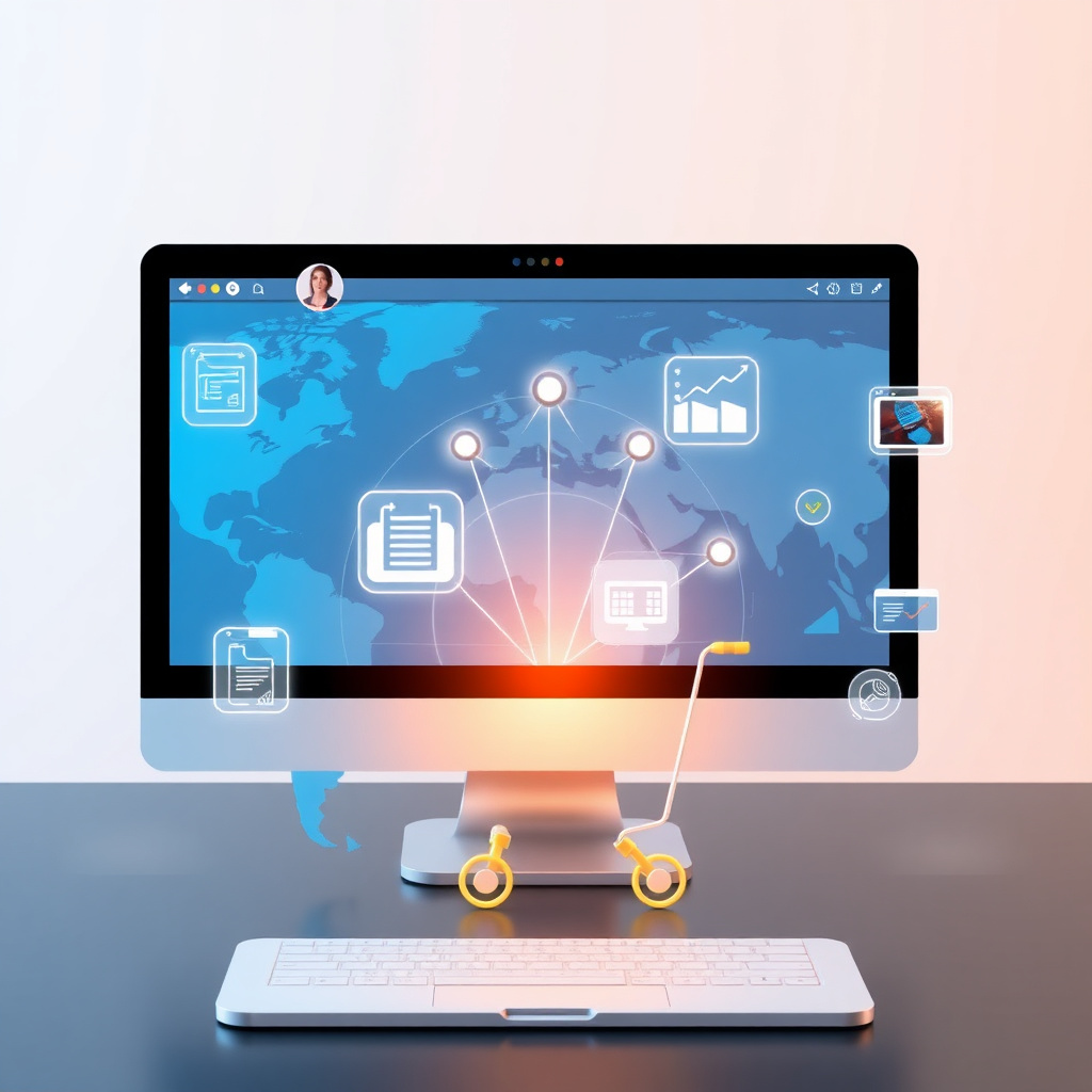 Global e-commerce solutions and ERP system integration visualization