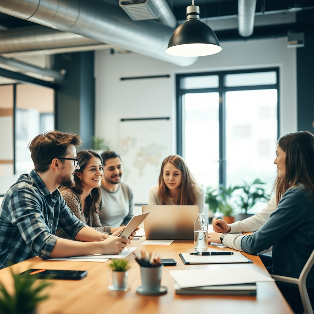 Small creative team brainstorming in a start-up office environment