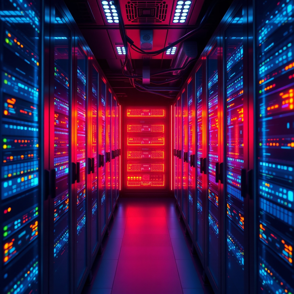 Digital server room with glowing lights representing data processing infrastructure