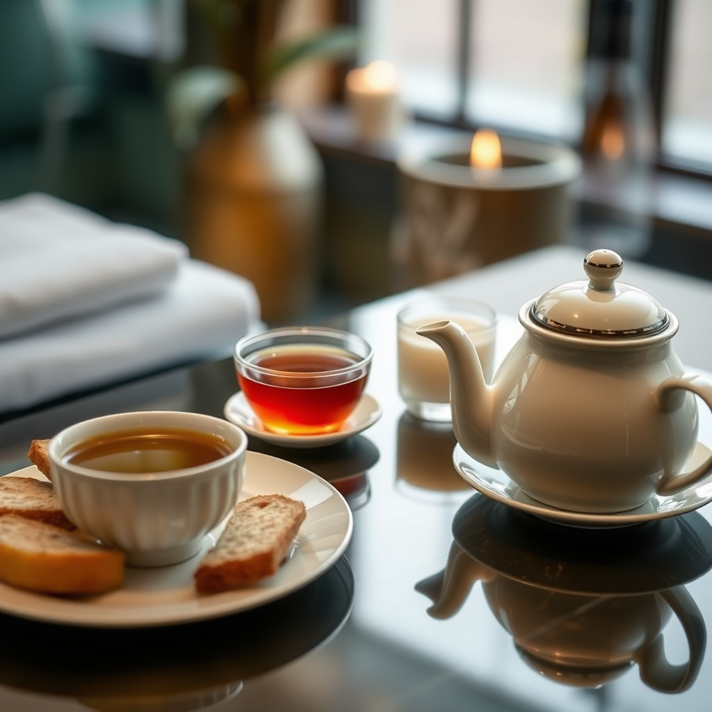 Freshly served tea and snacks at the spa