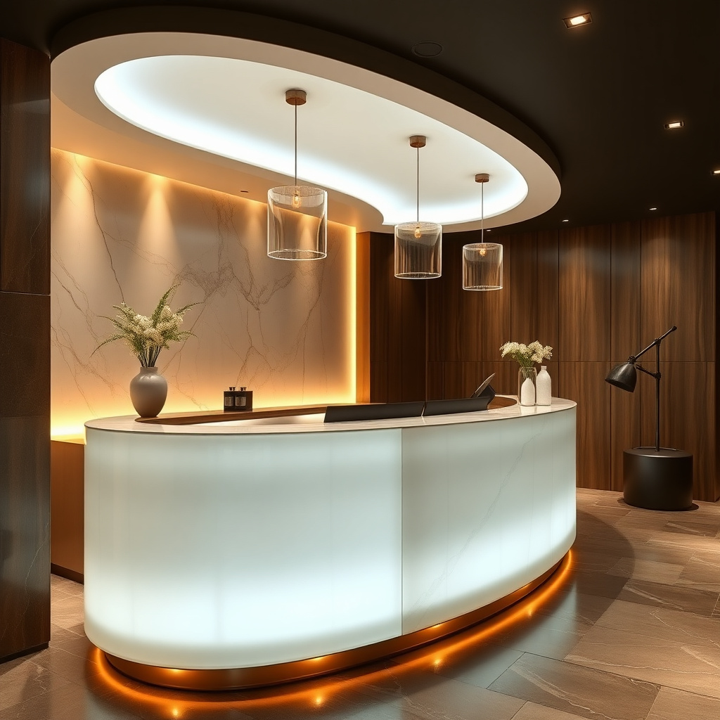 Modern luxury spa reception desk with warm lighting