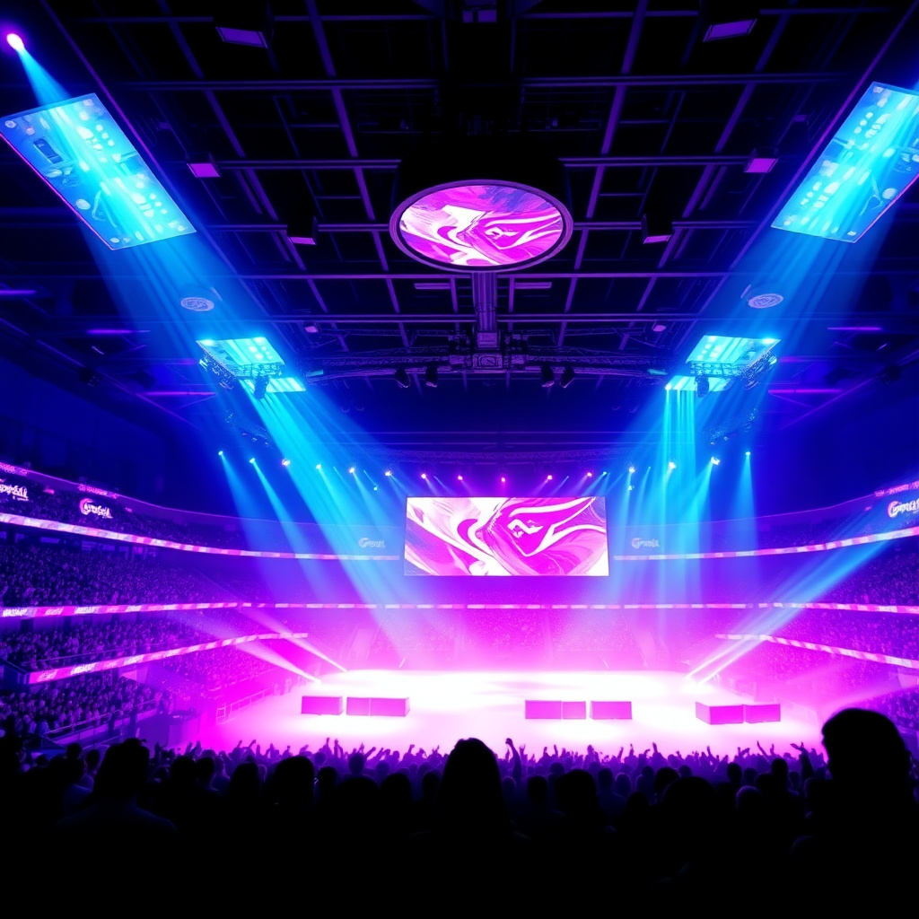Esports stadium background with purple and cyan neon lighting and crowd silhouette