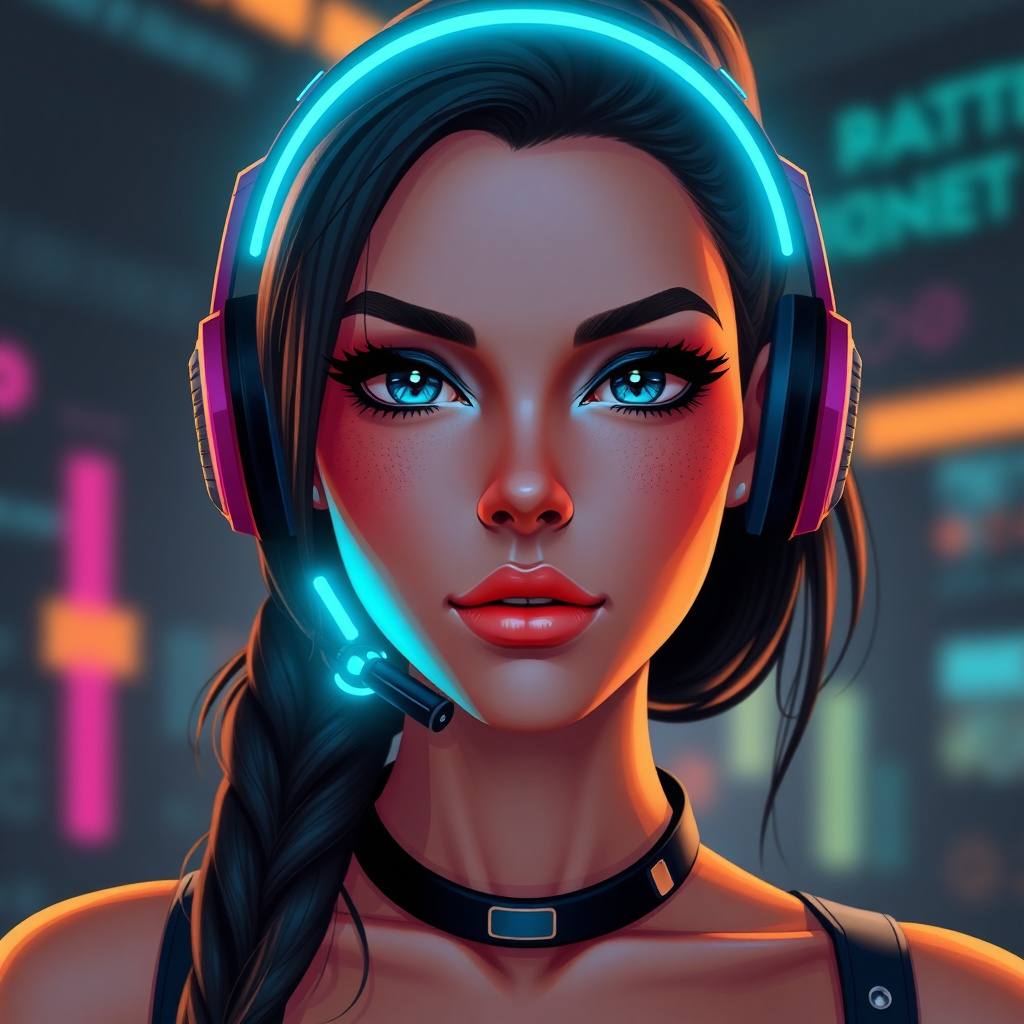 Cyberpunk style female playmate avatar with glowing cyan headset