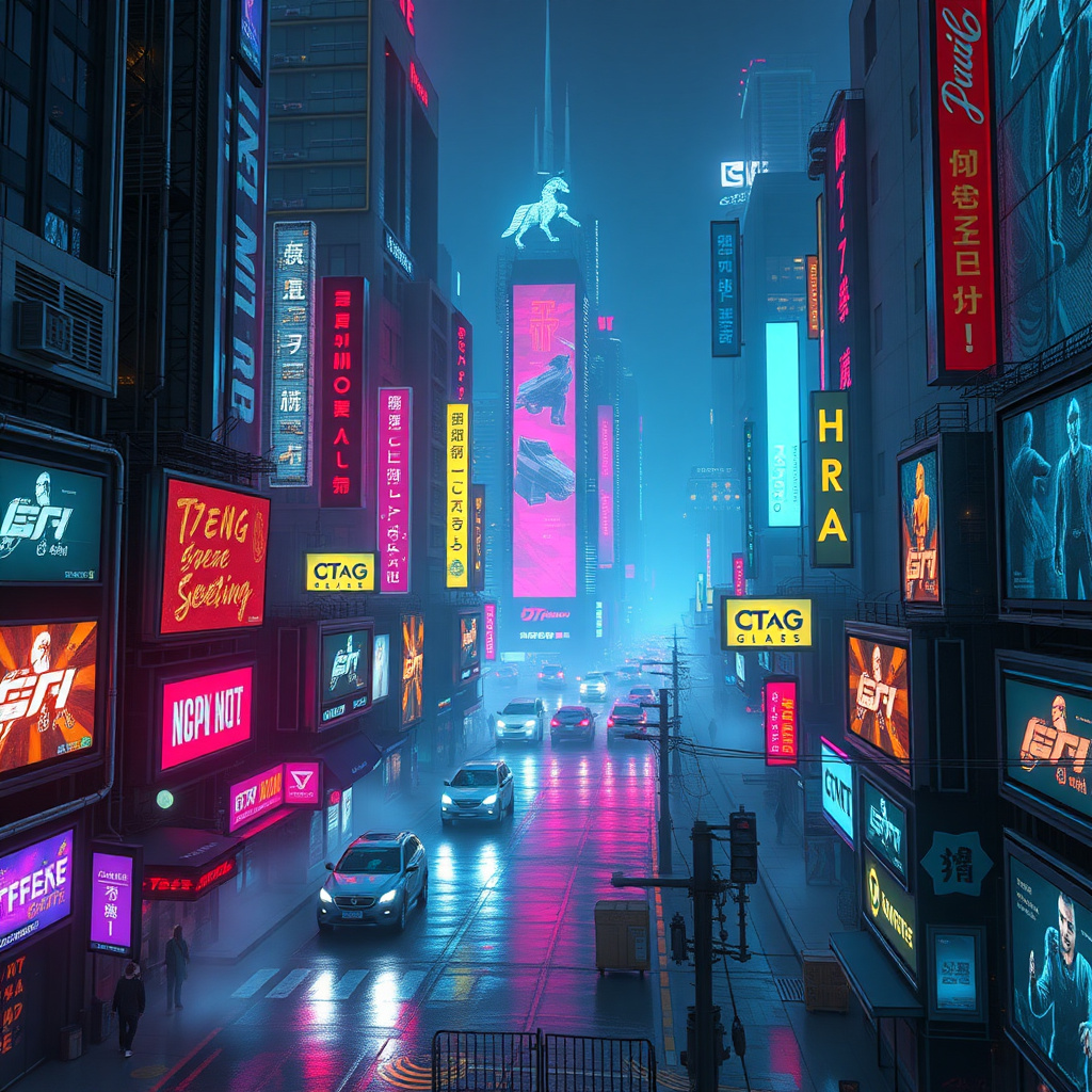 Cyberpunk city with futuristic gaming screens