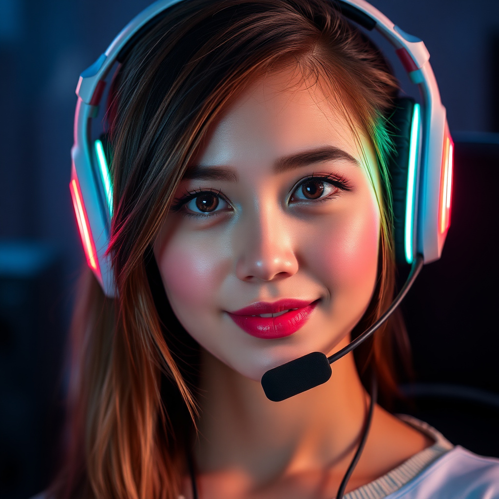 Portrait of a professional female gamer with glowing headphones and cool expression