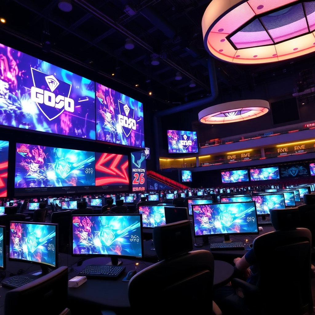Professional gaming tournament venue with massive LED screens