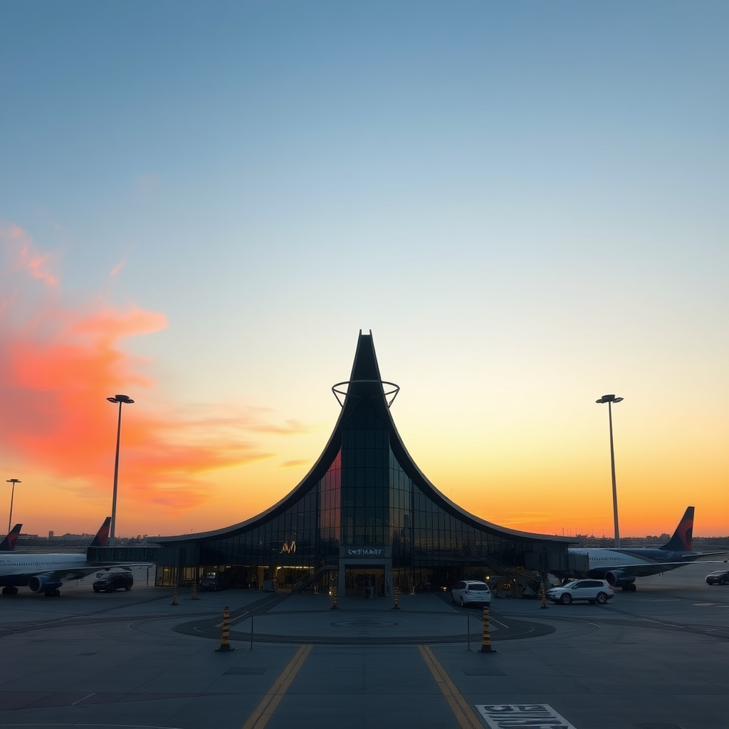 Modern airport terminal at sunset