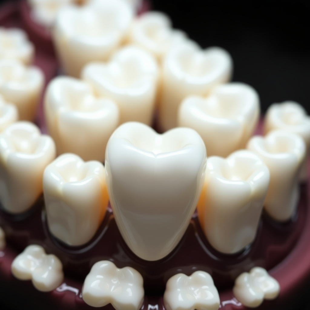 Upcera multiple dental crowns arranged closely with natural tooth color