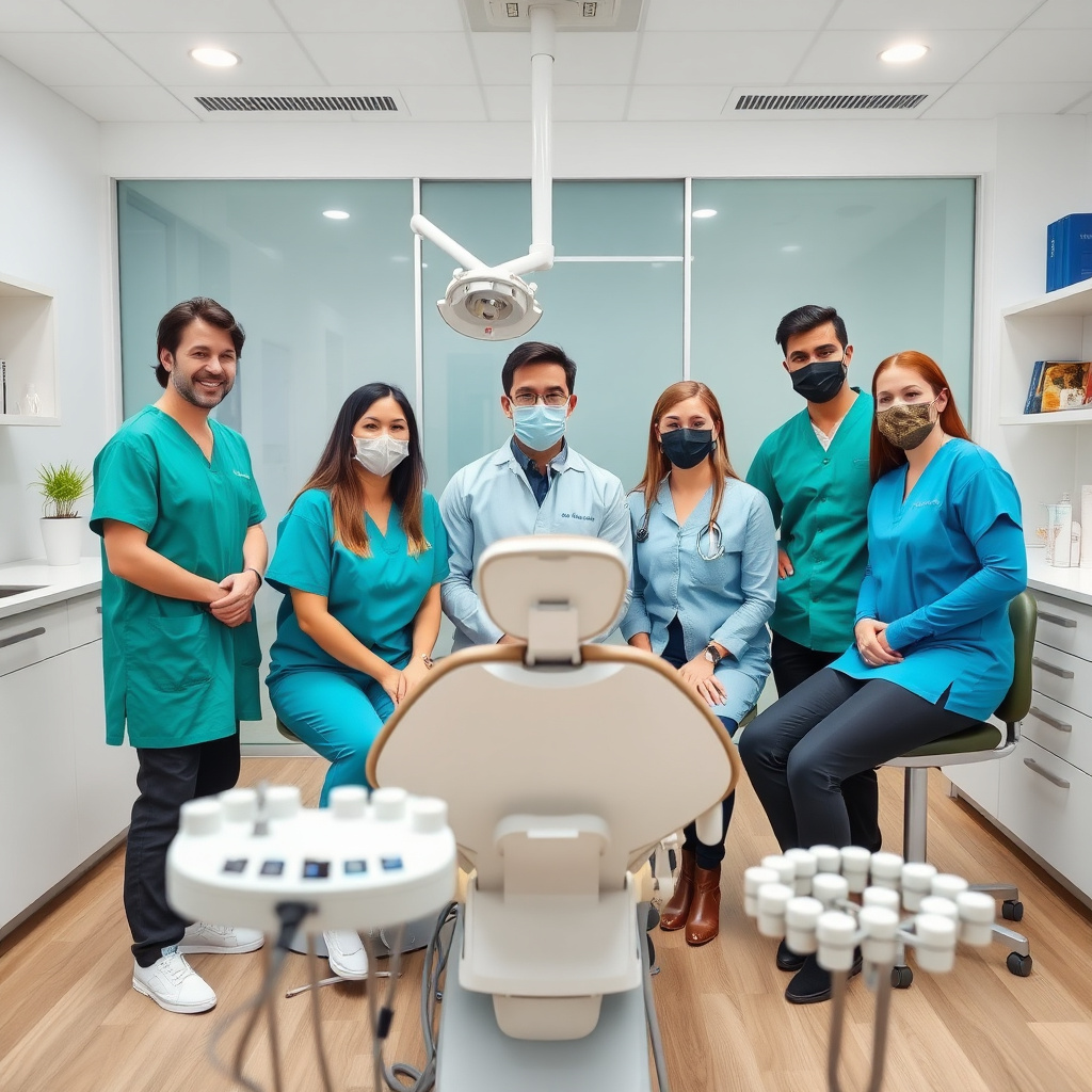 Dynamic team of dental professionals collaborating in a modern office