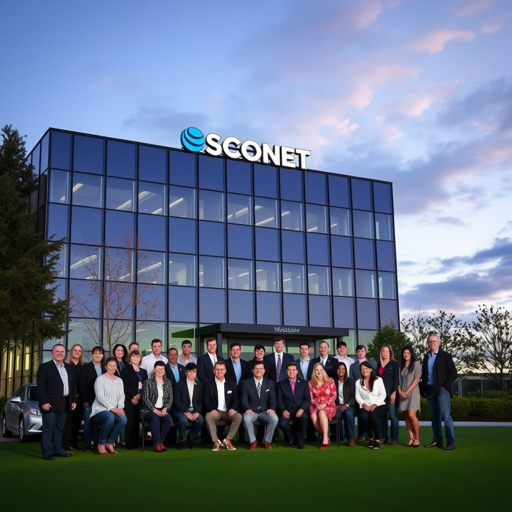 Company headquarters building and team group photo background