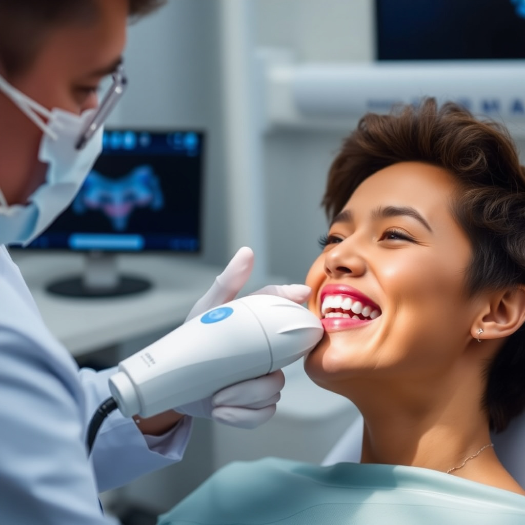 Dentist using a 3Shape TRIOS intraoral scanner on a patient