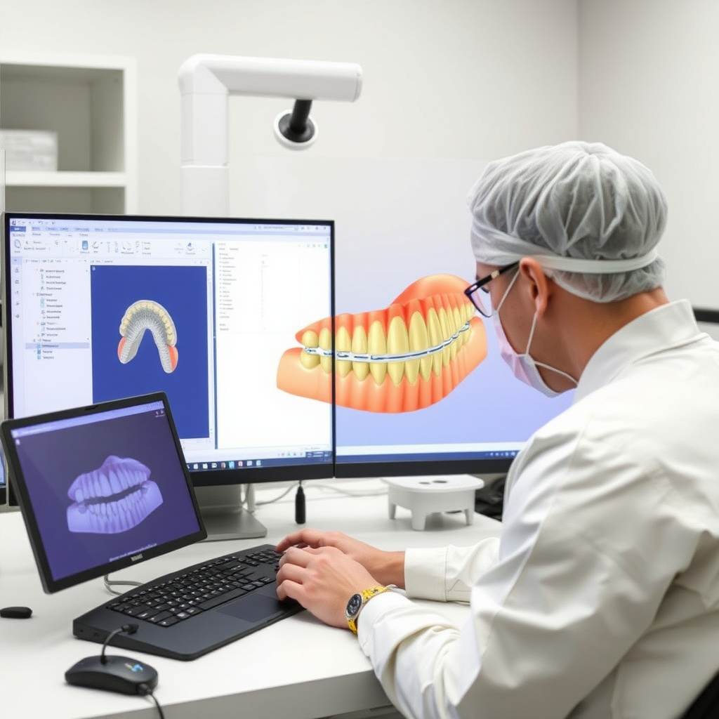 Dental technician designing a full-arch bridge using Exocad software