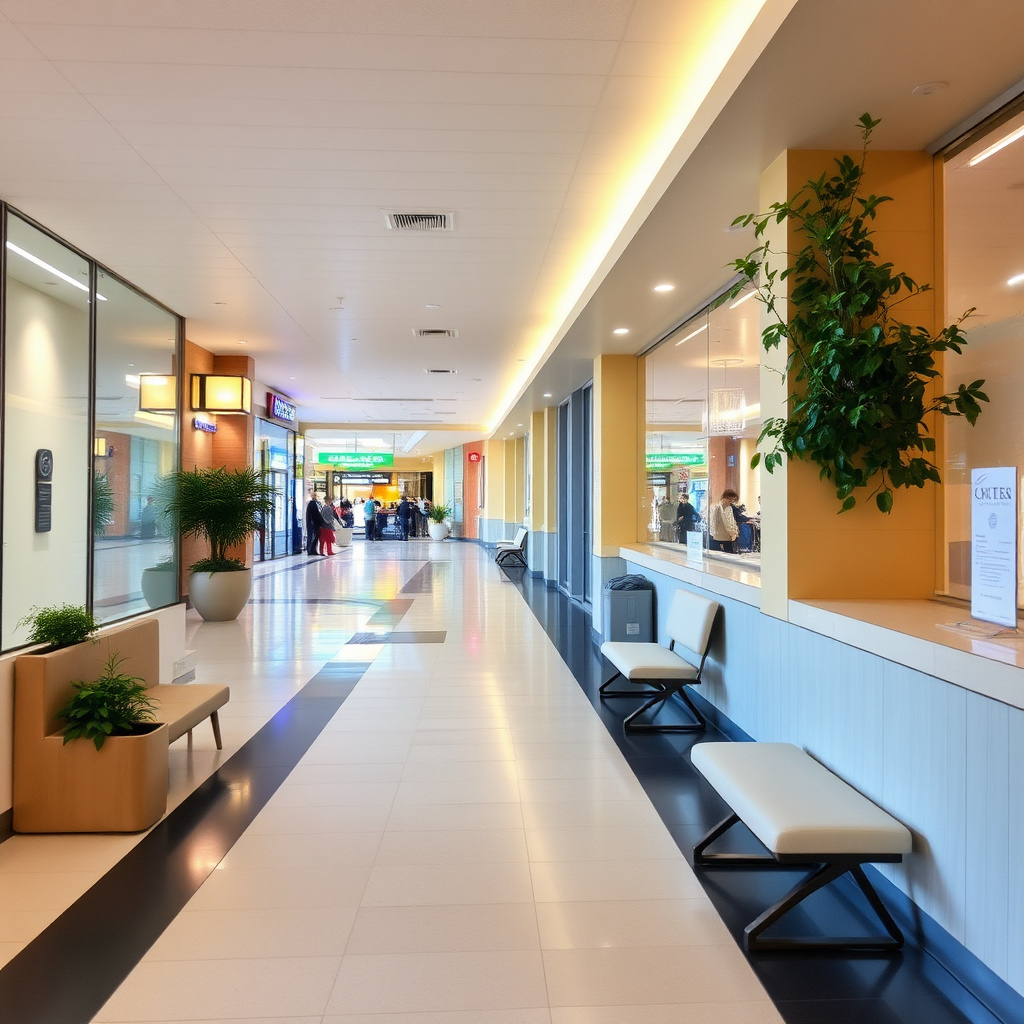 Shopping mall hallway with rest area