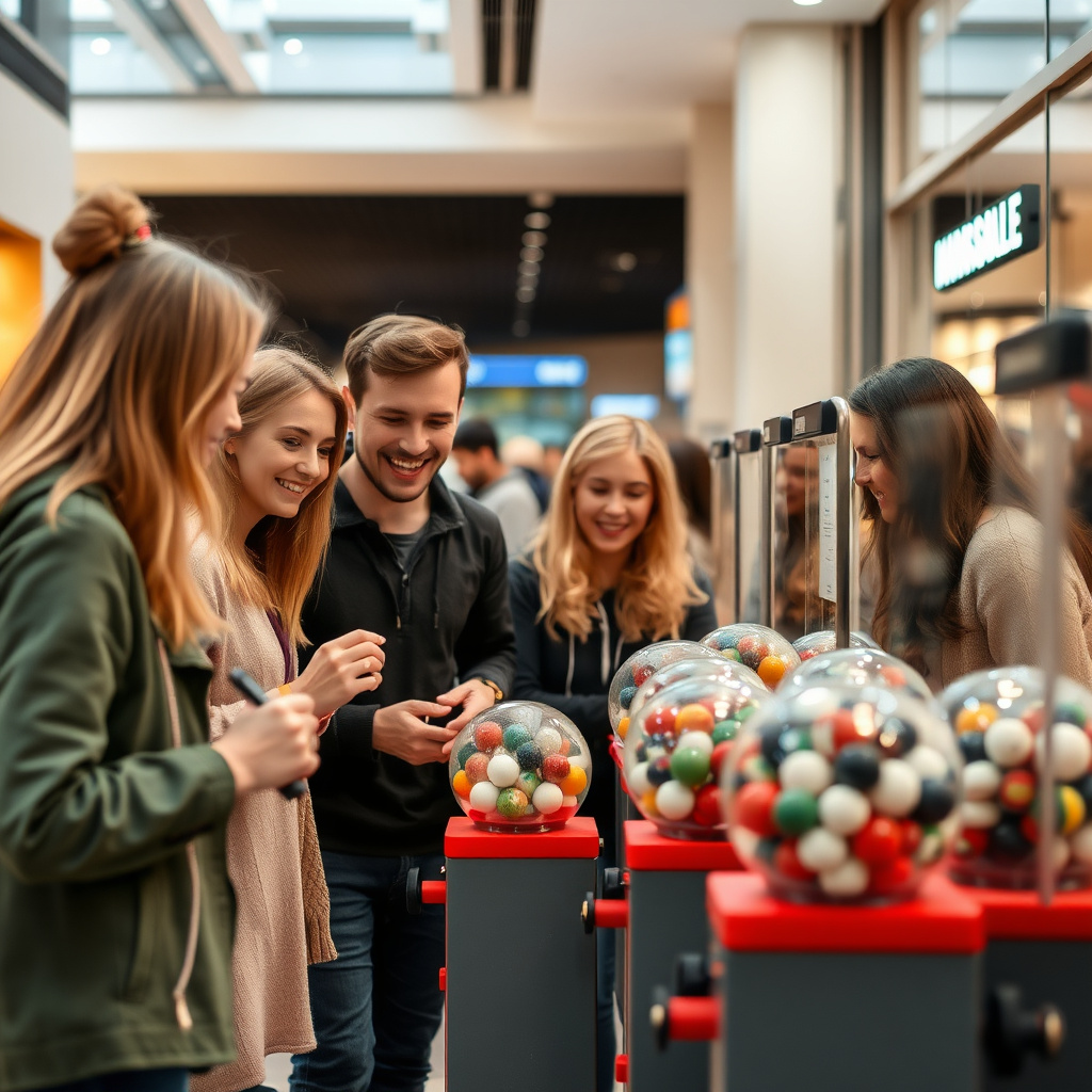 A group of happy people playing with marble machines in a trendy mall