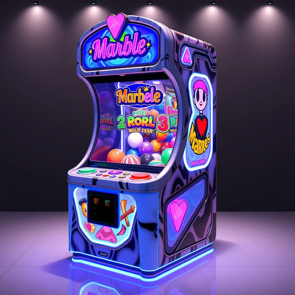 Themed marble game machine with colorful brand graphics