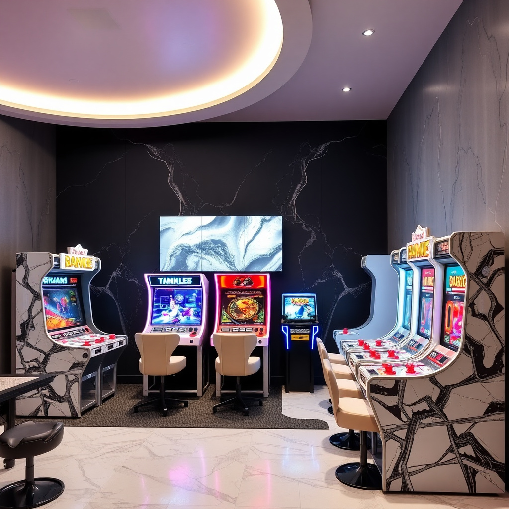 A bright and modern family entertainment center with marble game machines