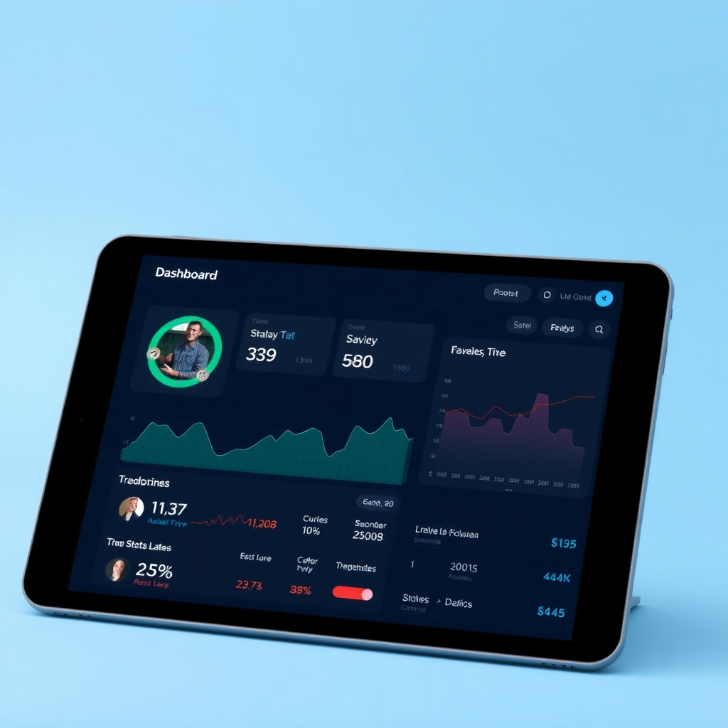 Digital dashboard interface on a tablet showing store sales data