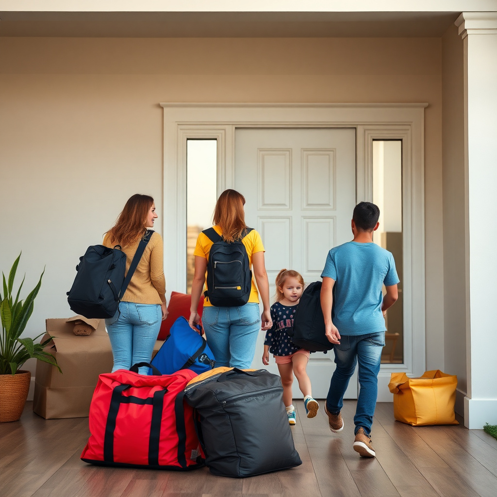 A family moving into a new house with heavy duty bags