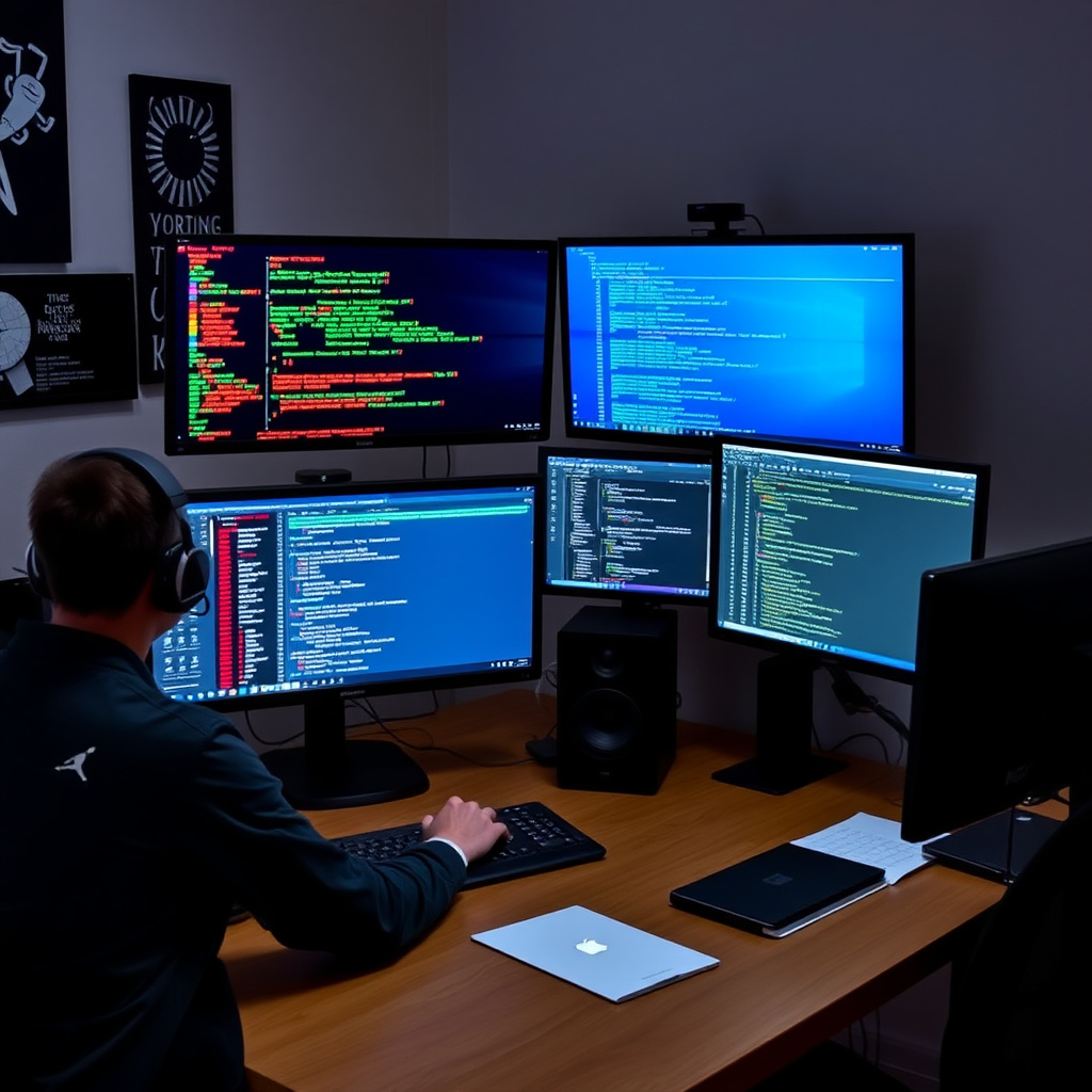 Programming workspace with multiple monitors
