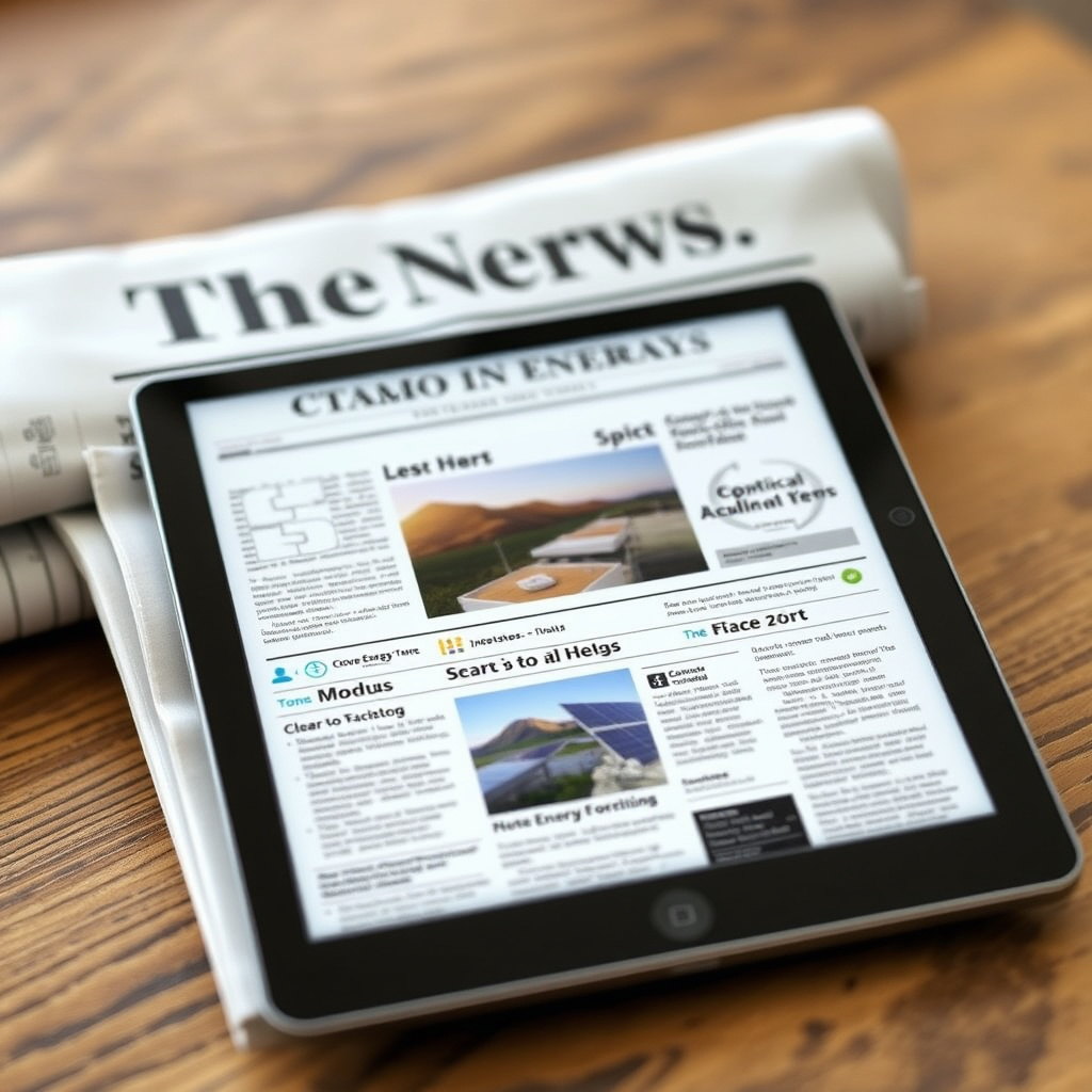 Newspaper and digital tablet showing clean energy news