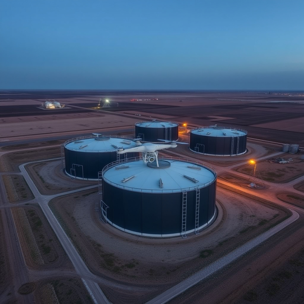 Drone view of storage tanks at oilfield