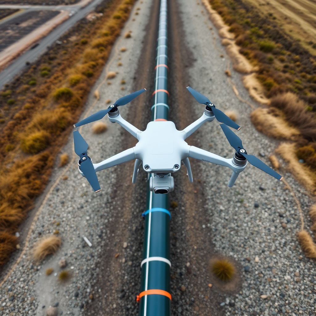 Drone inspection view showing pipeline corridor from above