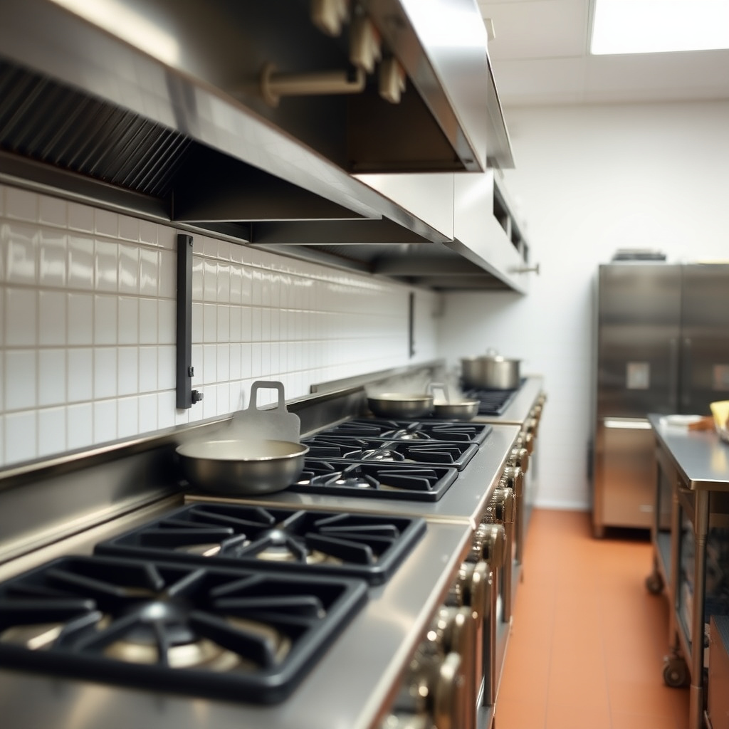 Commercial kitchen with clean vegetable oil stoves