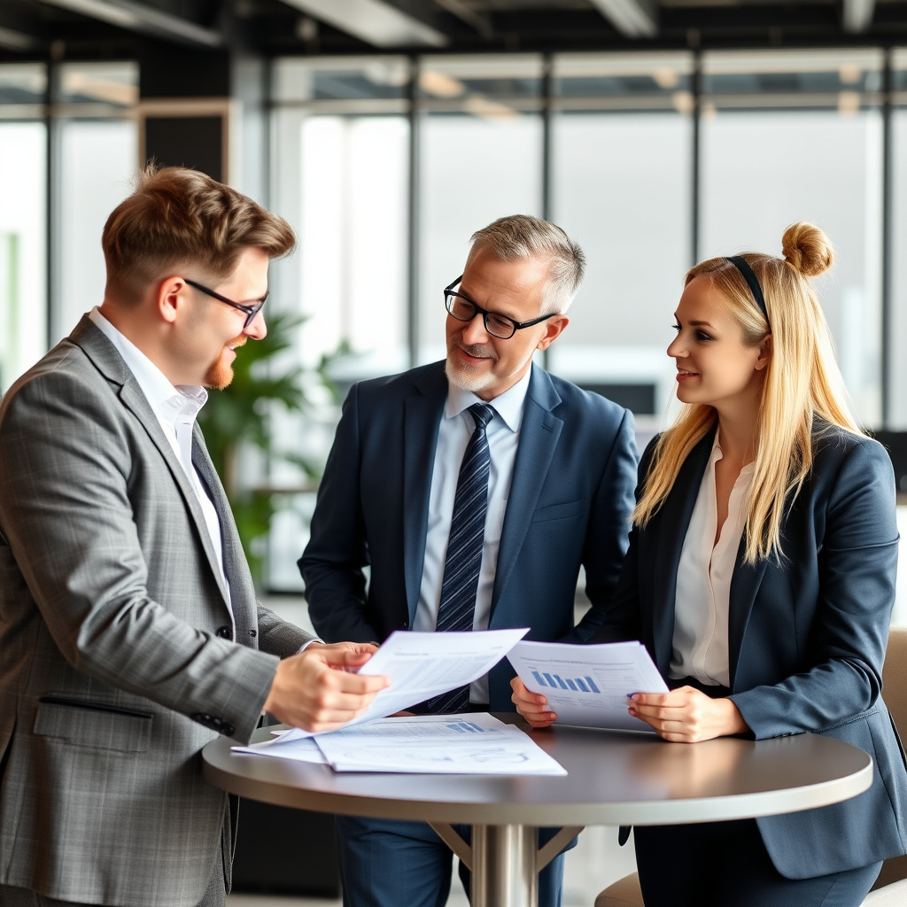Business people discussing investment in modern office with financial papers