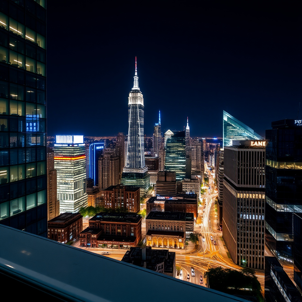 Financial district city view at night