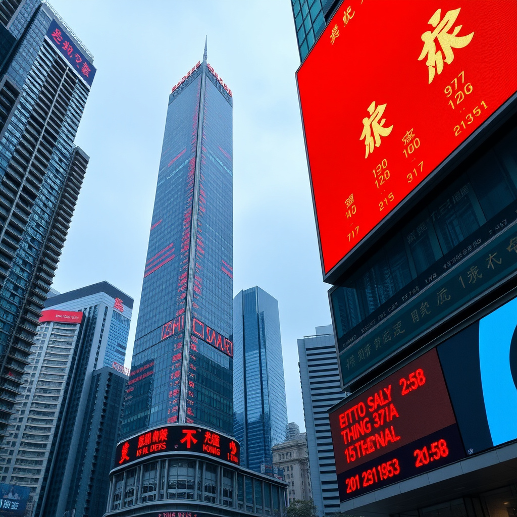Hong Kong financial district skyscrapers with stock market indicators