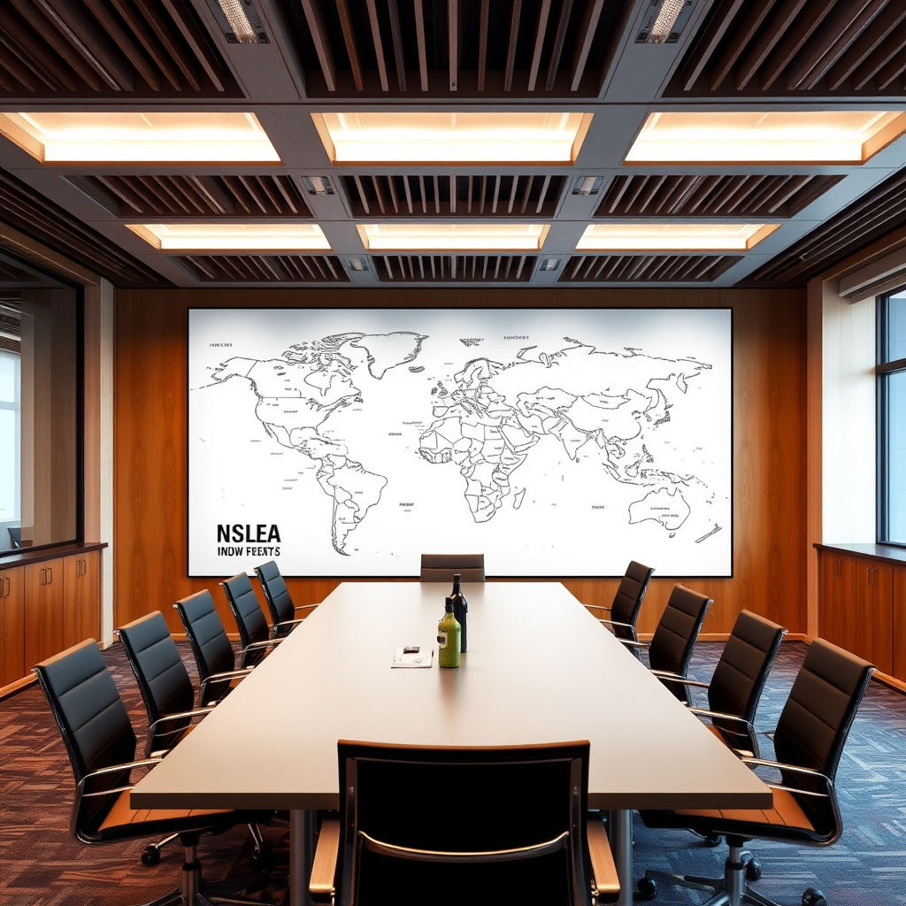 Meeting room with a global map wall