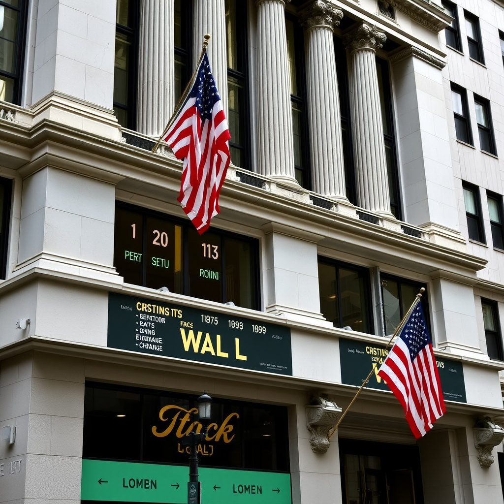 Wall Street stock exchange building facade representing US listing