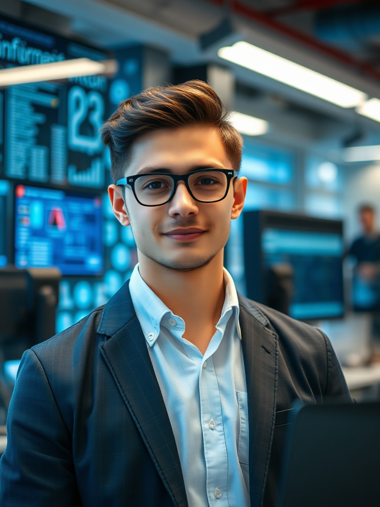 Portrait of a young male professional in a high-tech environment