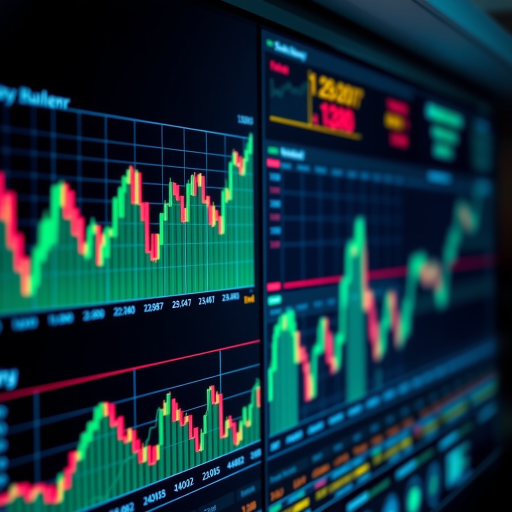 Stock market charts and financial data screens